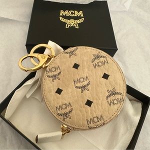 MCM Beige Visetos Canvas Round Coin Purse Wallet and Key Chain